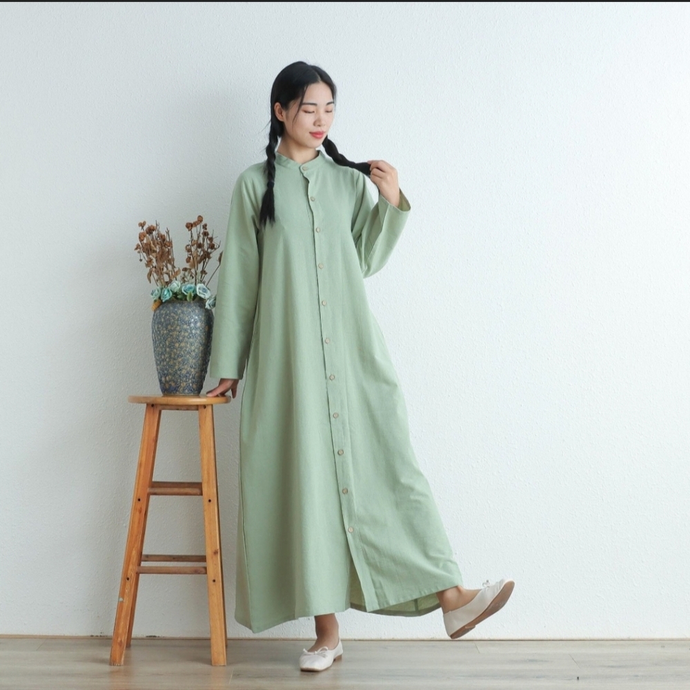 Women Maxi Cotton dress, long sleeves shirt dress